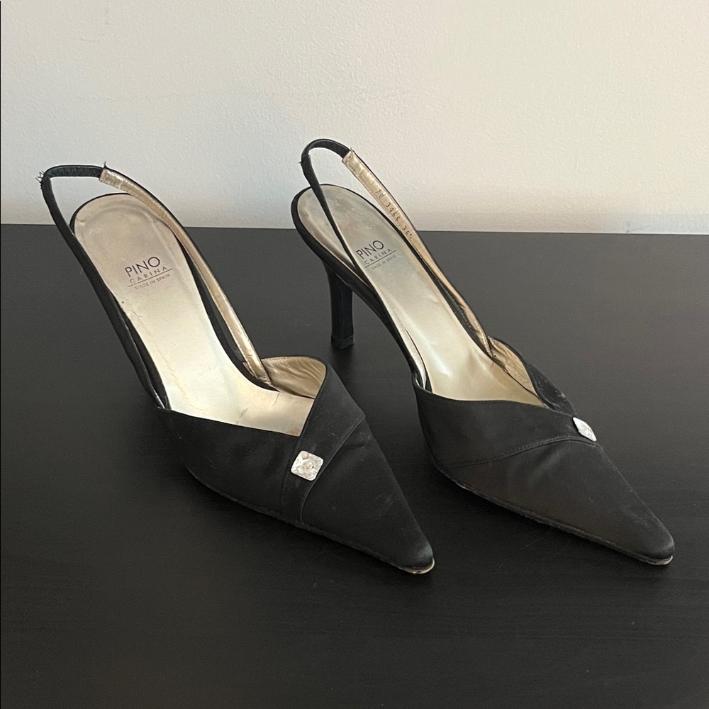 Ladies vintage black satin and crystal Pino Carina Slingback Heels size 36.5